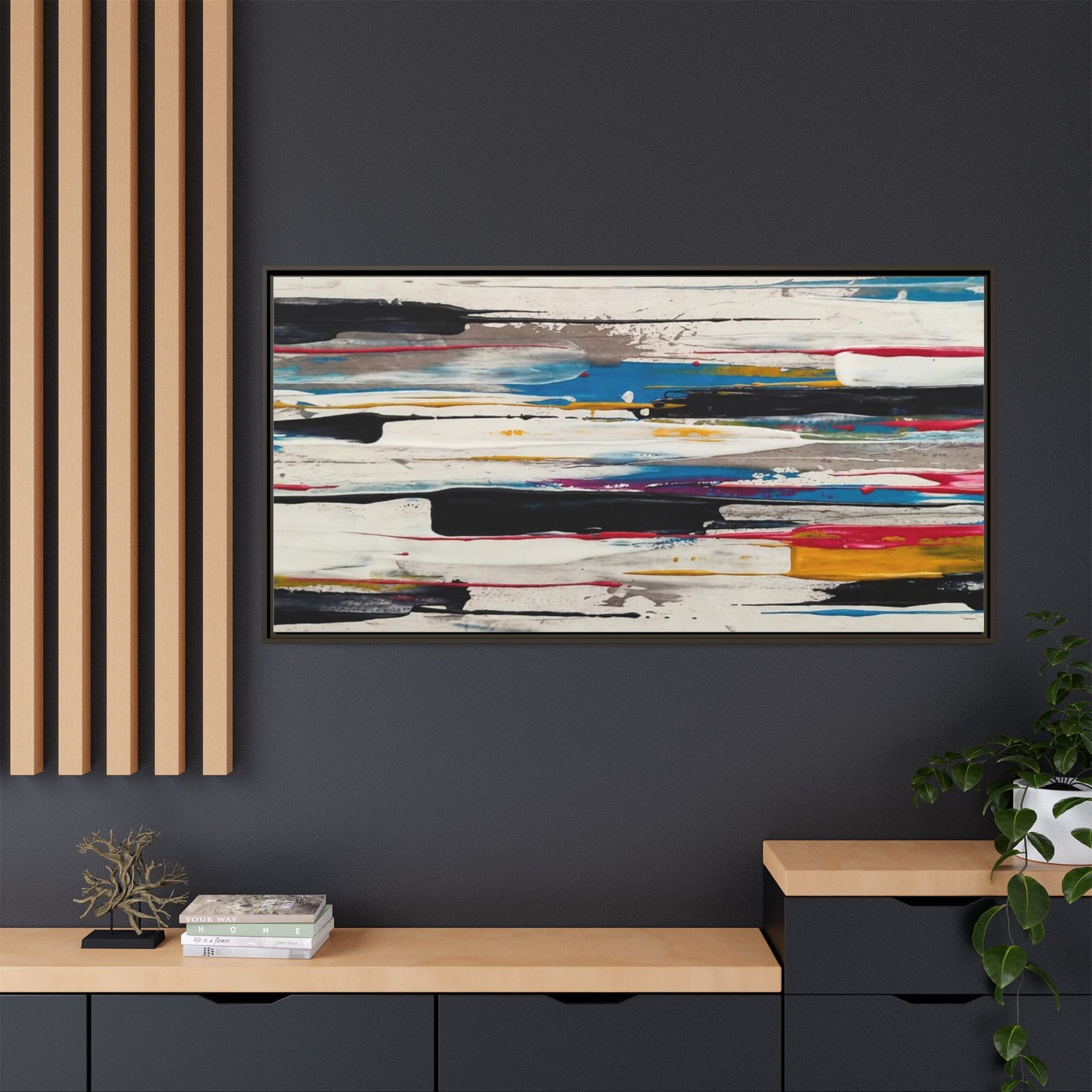 Abstract Multi-Color Framed Canvas Wall Art — Modern Horizontal Brushstroke Print