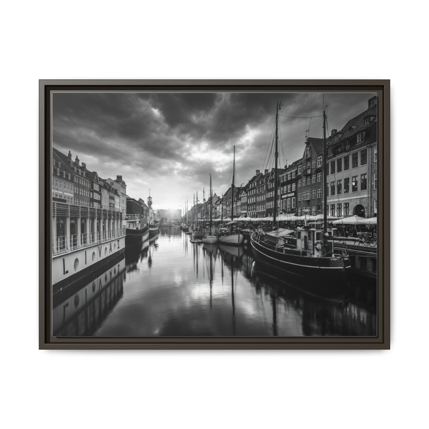 Framed Matte Canvas: Black & White Dutch Canal Photography Wall Art