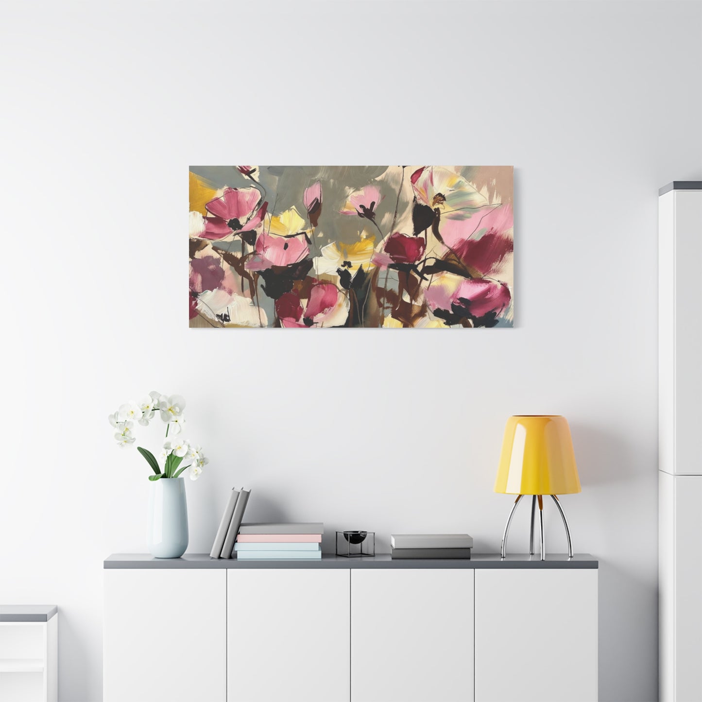Floral Abstract Canvas Wall Art — Pink & Yellow Bloom Stretched Matte Print