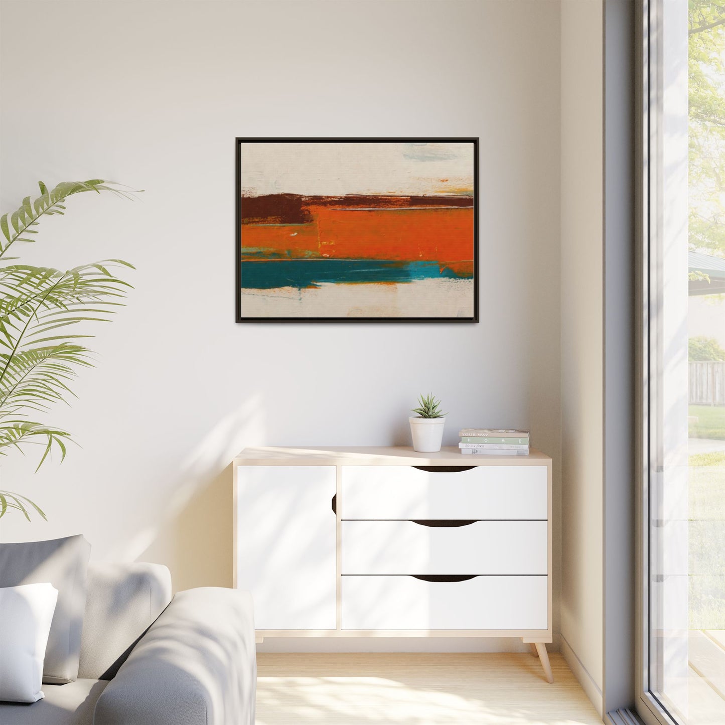 Abstract Horizon Matte Canvas Framed Print — Modern Orange Teal Wall Art
