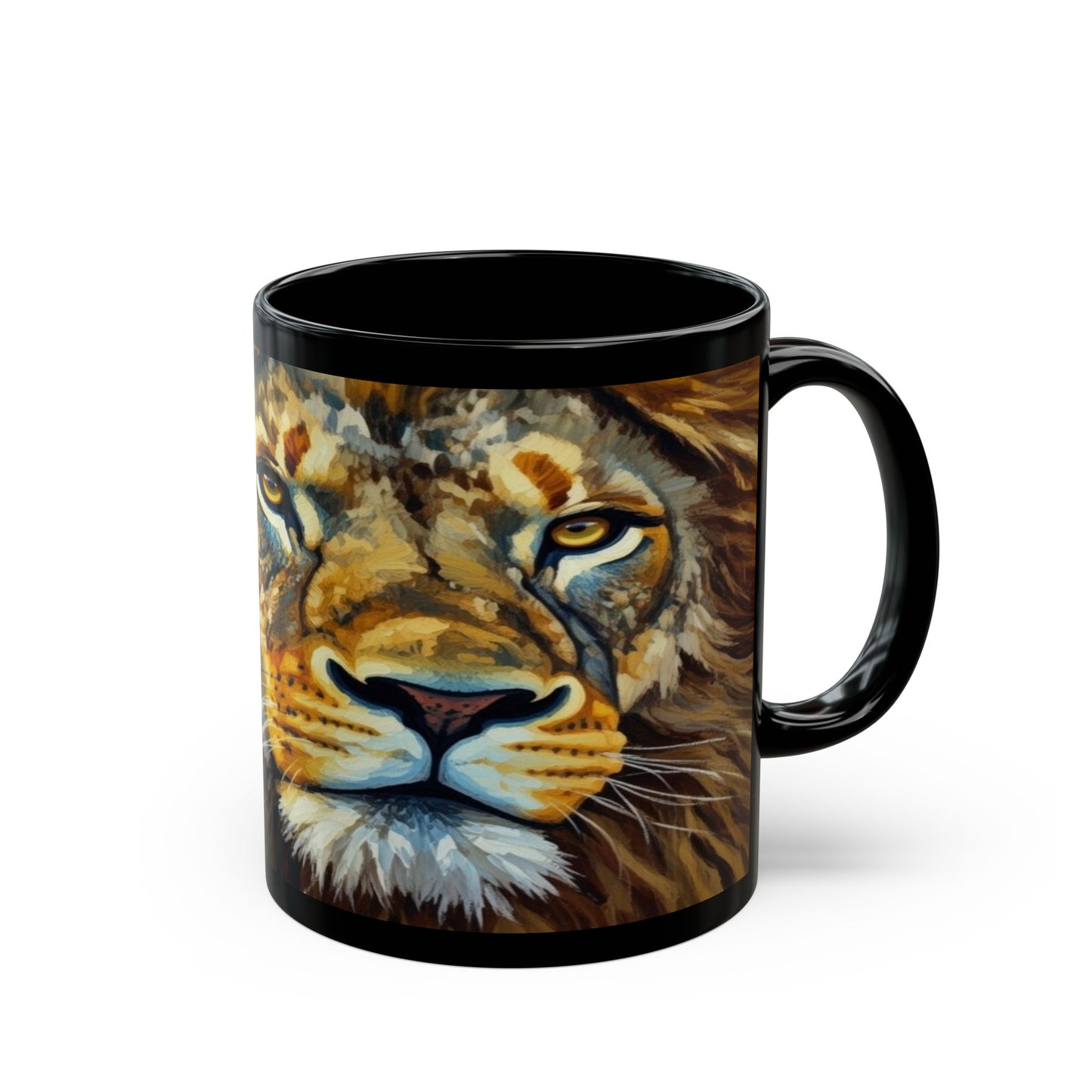 Lion Portrait Black Ceramic Mug — Majestic Wildlife Coffee Cup (11oz, 15oz)