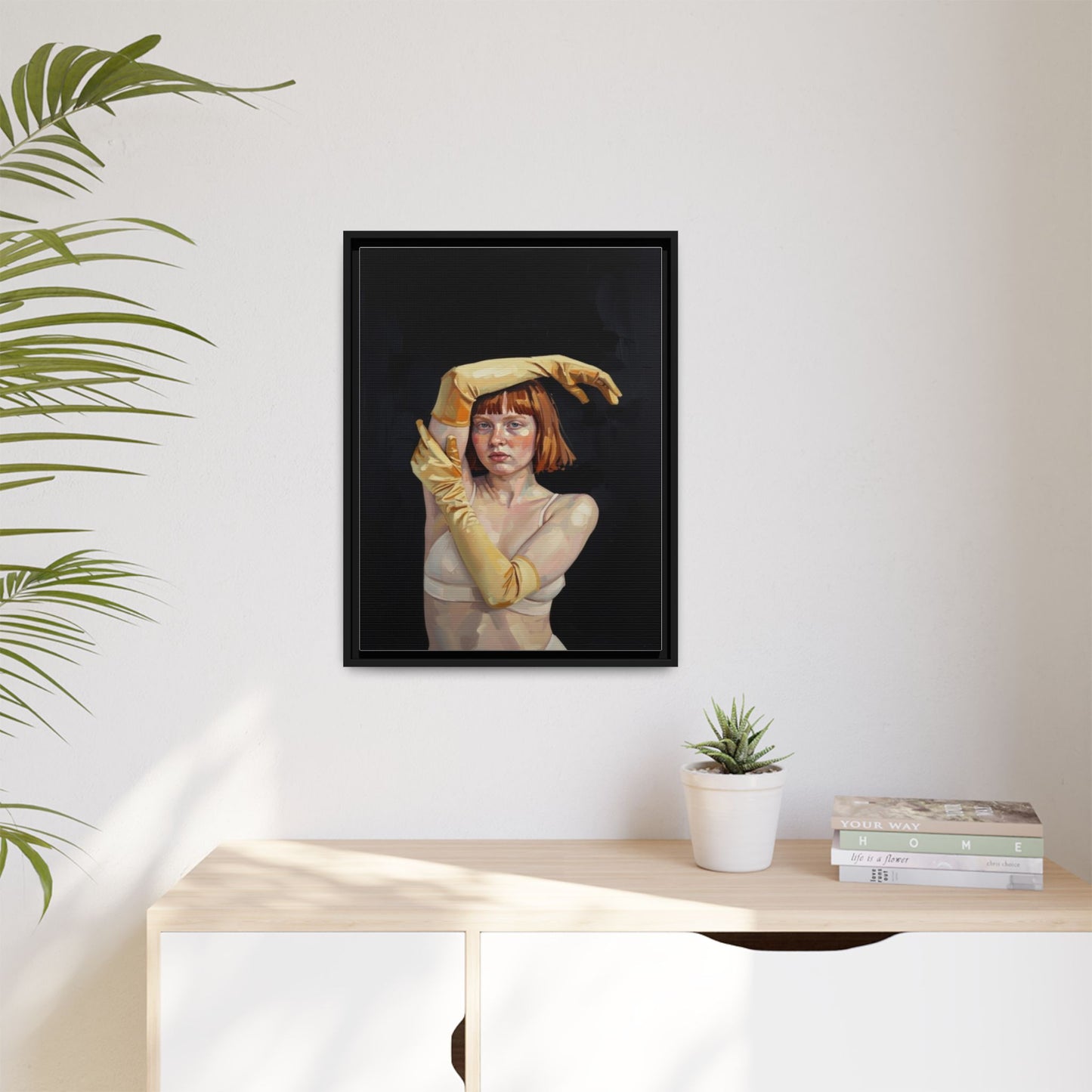 Framed Matte Canvas Art – Portrait of Woman in Yellow Gloves