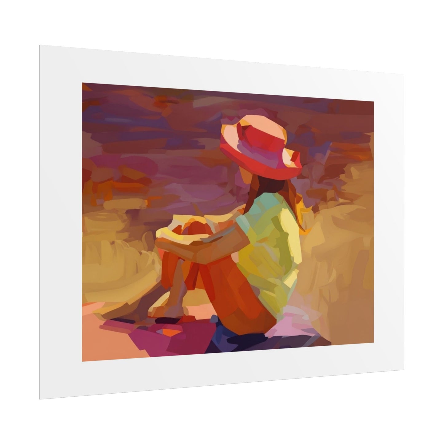 Sunset Daydream Rolled Poster — Colorful Girl in Hat Beach Art Print