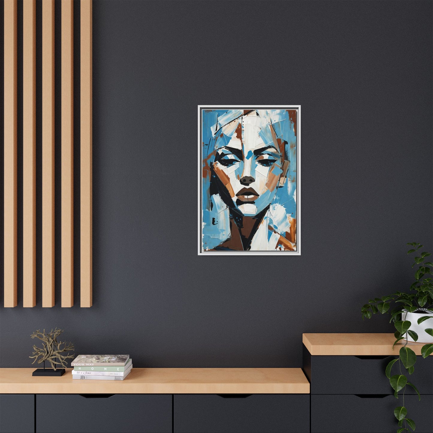 Abstract Blue Face Matte Canvas Wall Art — Framed Modern Portrait Print