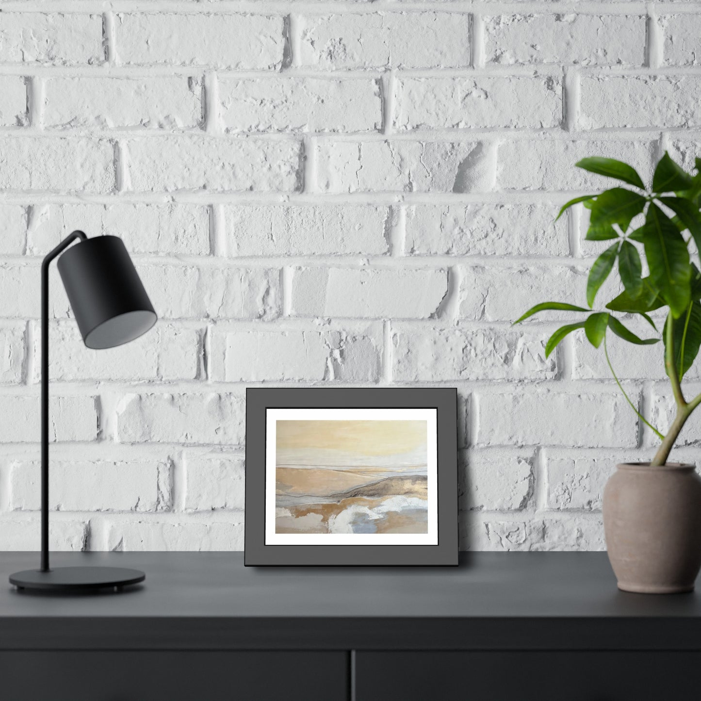 Abstract Coastal Landscape Framed Paper Poster — Neutral Beige Blue Wall Art