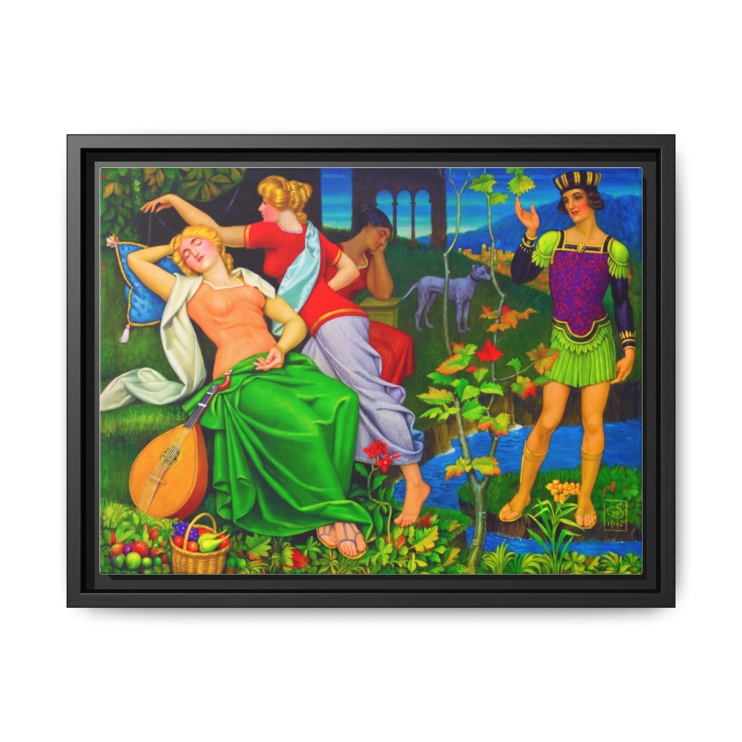 Framed Matte Canvas Art — Colorful Mythic Garden Scene