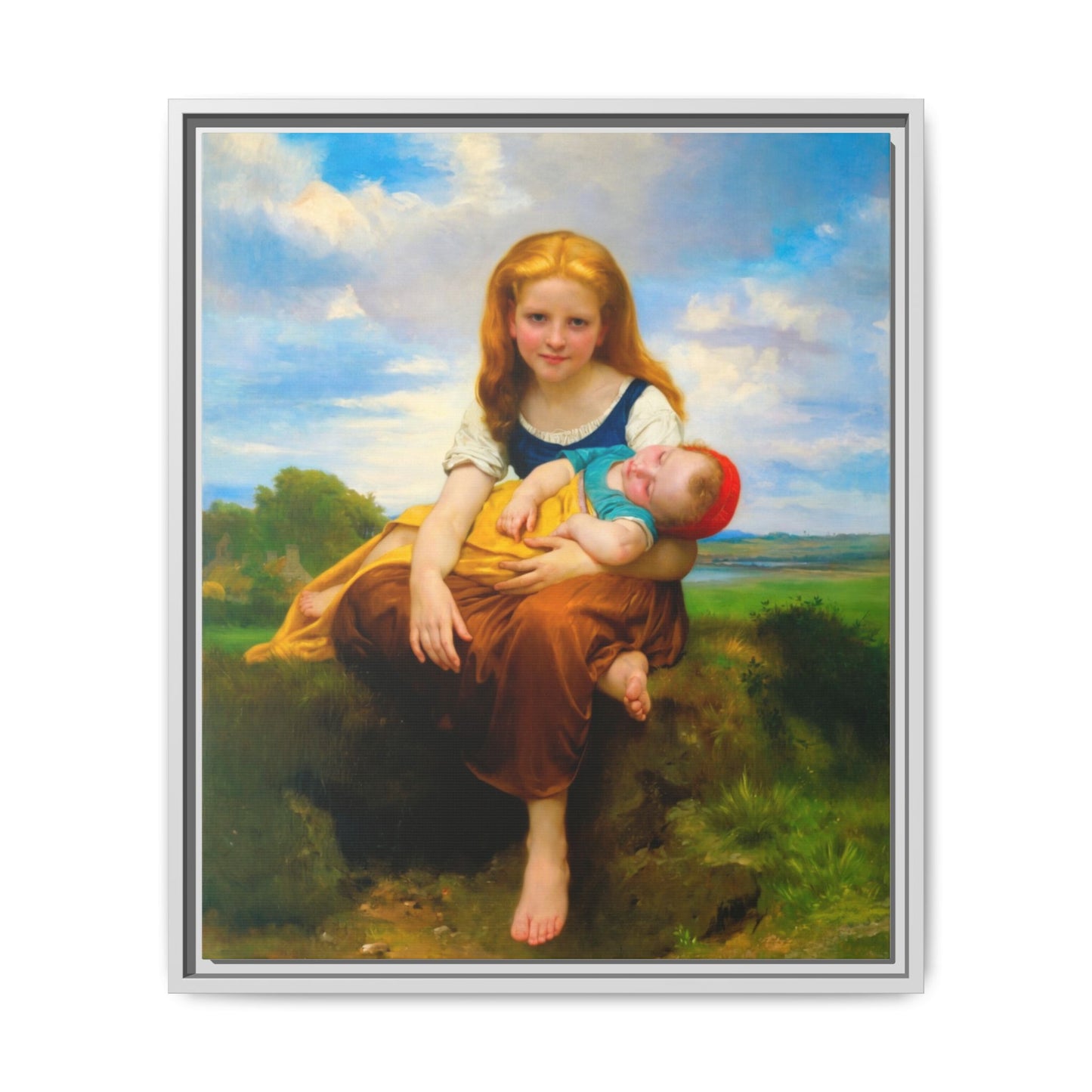 Young Girl Holding Sleeping Baby Canvas Print, Framed Wall Art