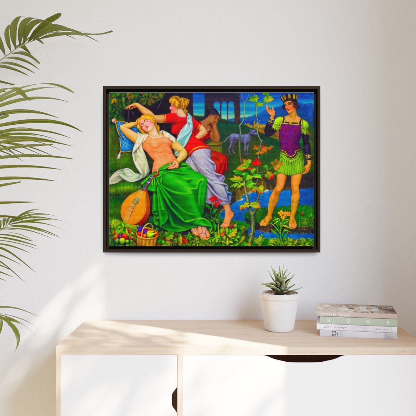 Framed Matte Canvas Art — Colorful Mythic Garden Scene