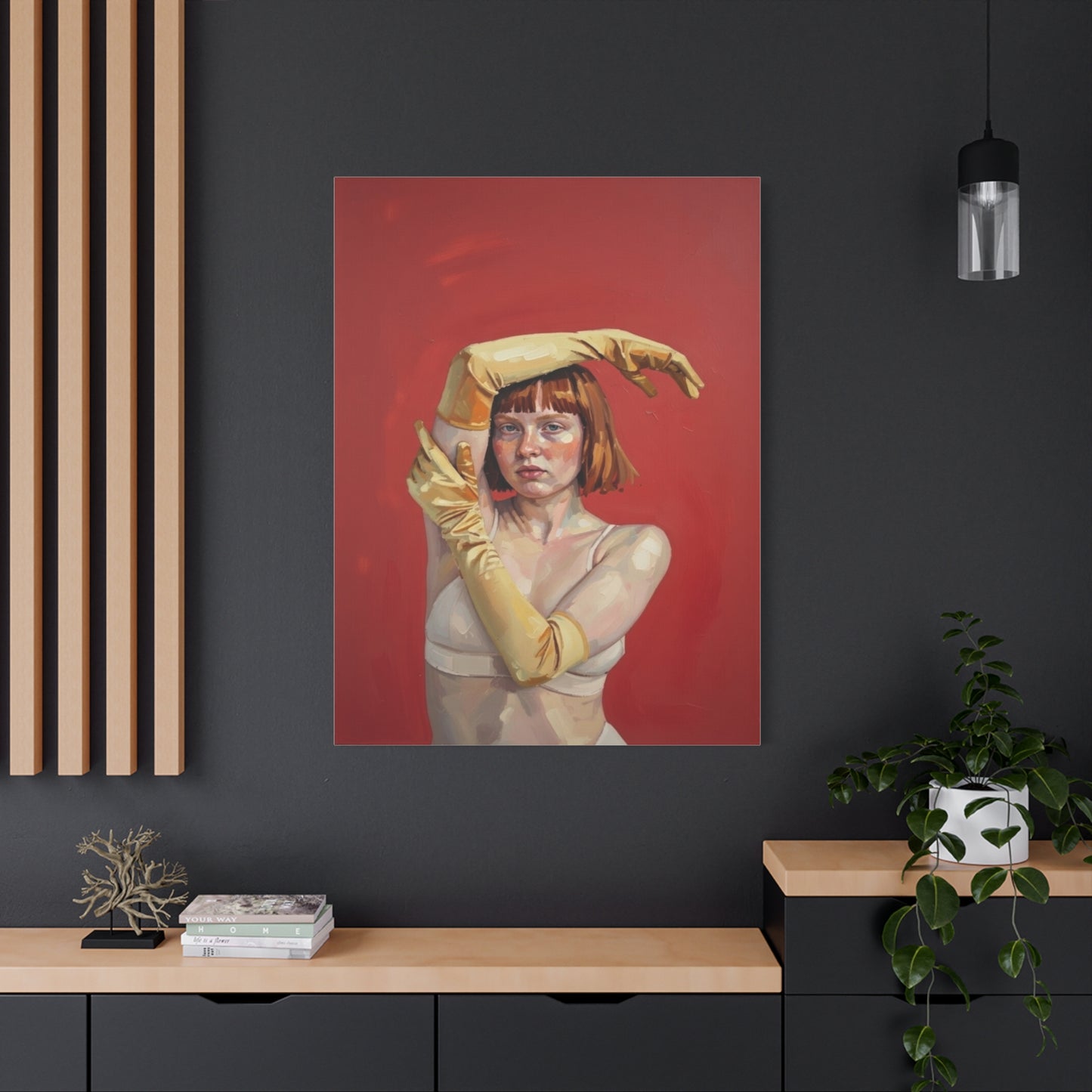 Figurative Portrait Canvas — Woman with Yellow Gloves on Red Background