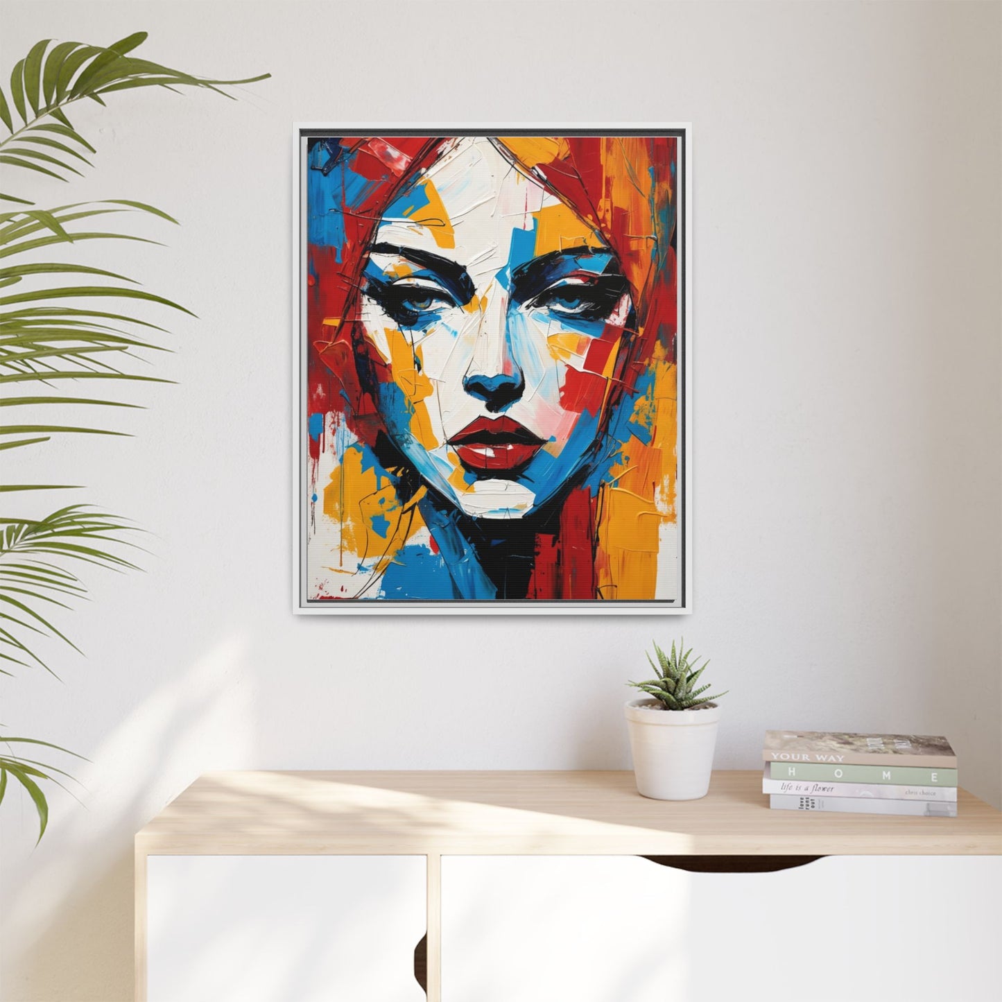 Framed Abstract Portrait Canvas — Colorful Female Face Wall Art