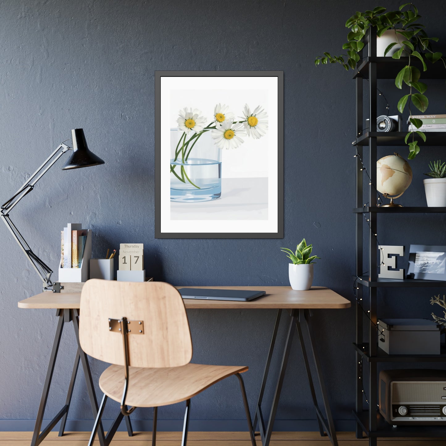 Framed Poster — Daisies in Glass Vase Wall Art, Minimal Botanical Print for Living Room
