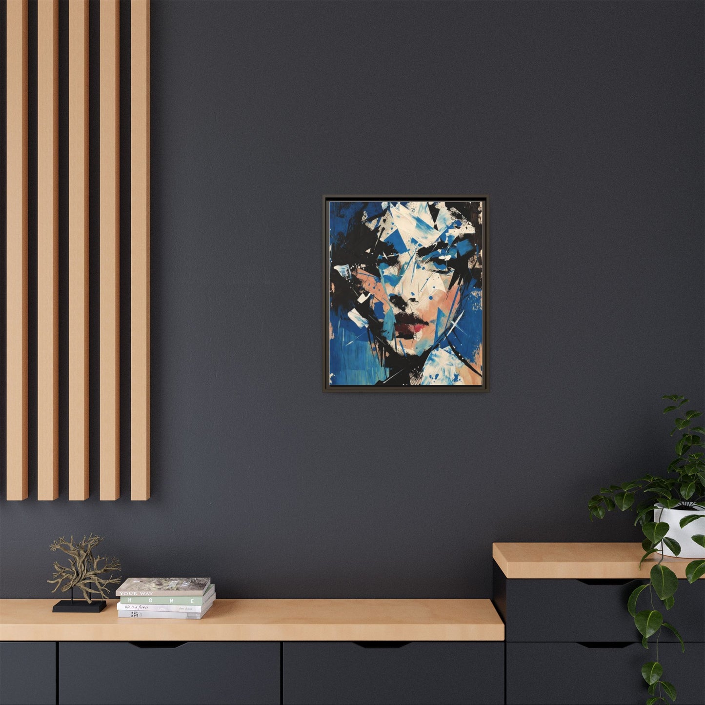 Abstract Portrait Matte Canvas Framed Wall Art — Blue Mixed-Media Face Print