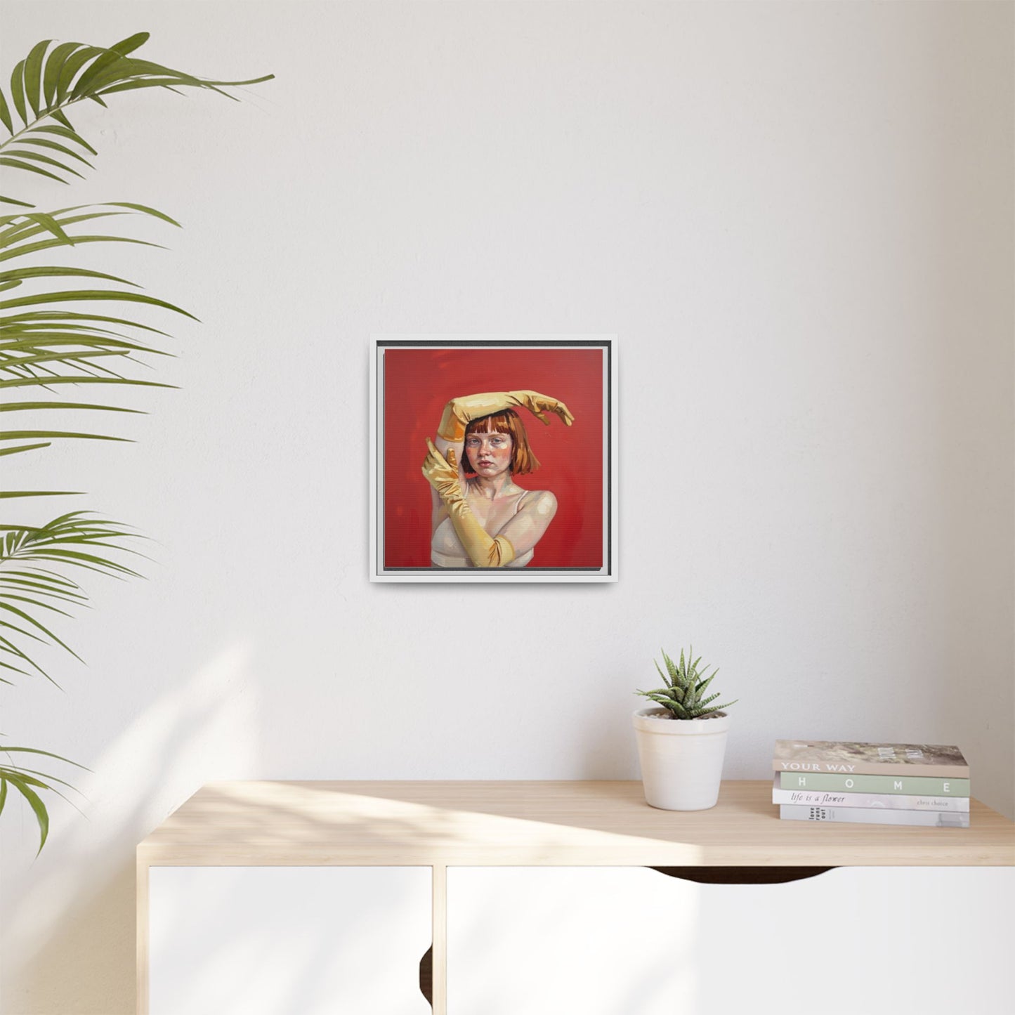 Framed Matte Canvas Art - Portrait of Woman in Yellow Gloves (Red Background)