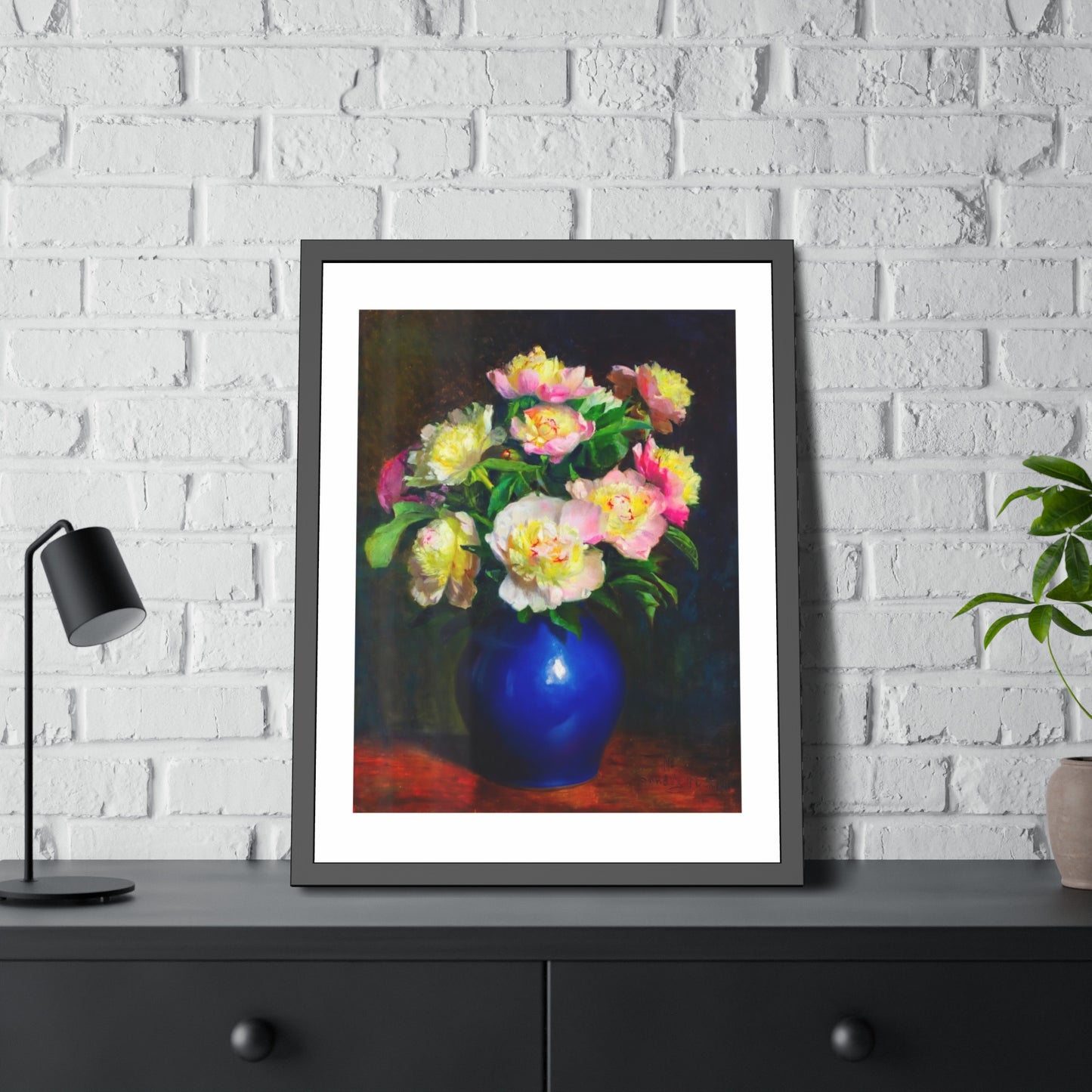 Framed Floral Poster — Pink Peonies in Blue Vase Wall Art