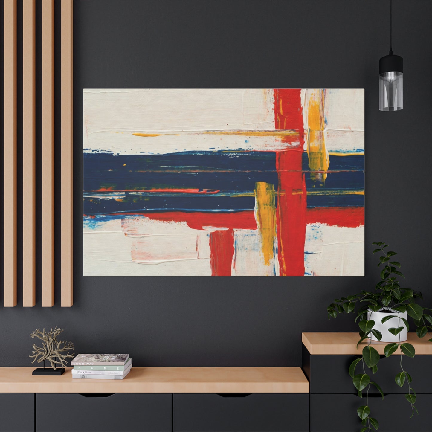 Abstract Modern Canvas Art Print — Red, Navy & Gold Stretched Matte Canvas