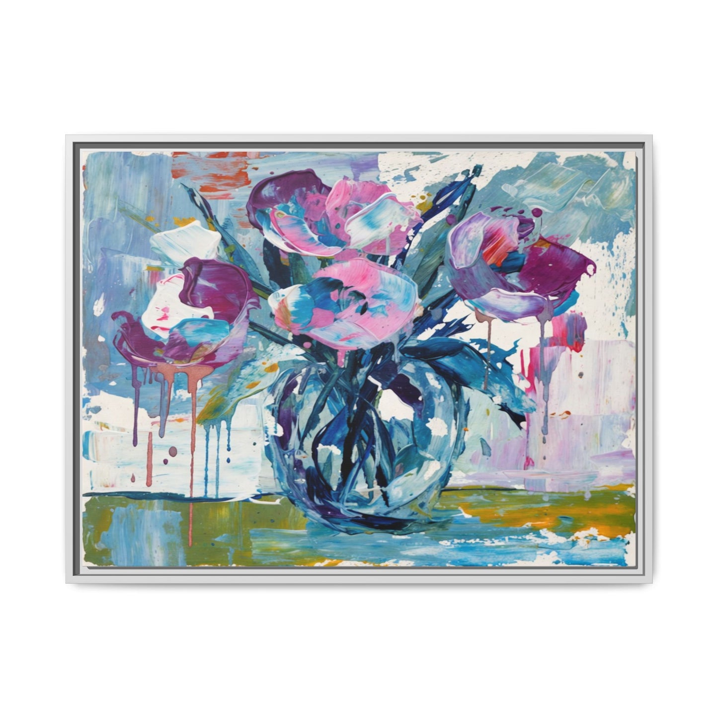 Framed Floral Canvas Art — Abstract Pink & Blue Bouquet