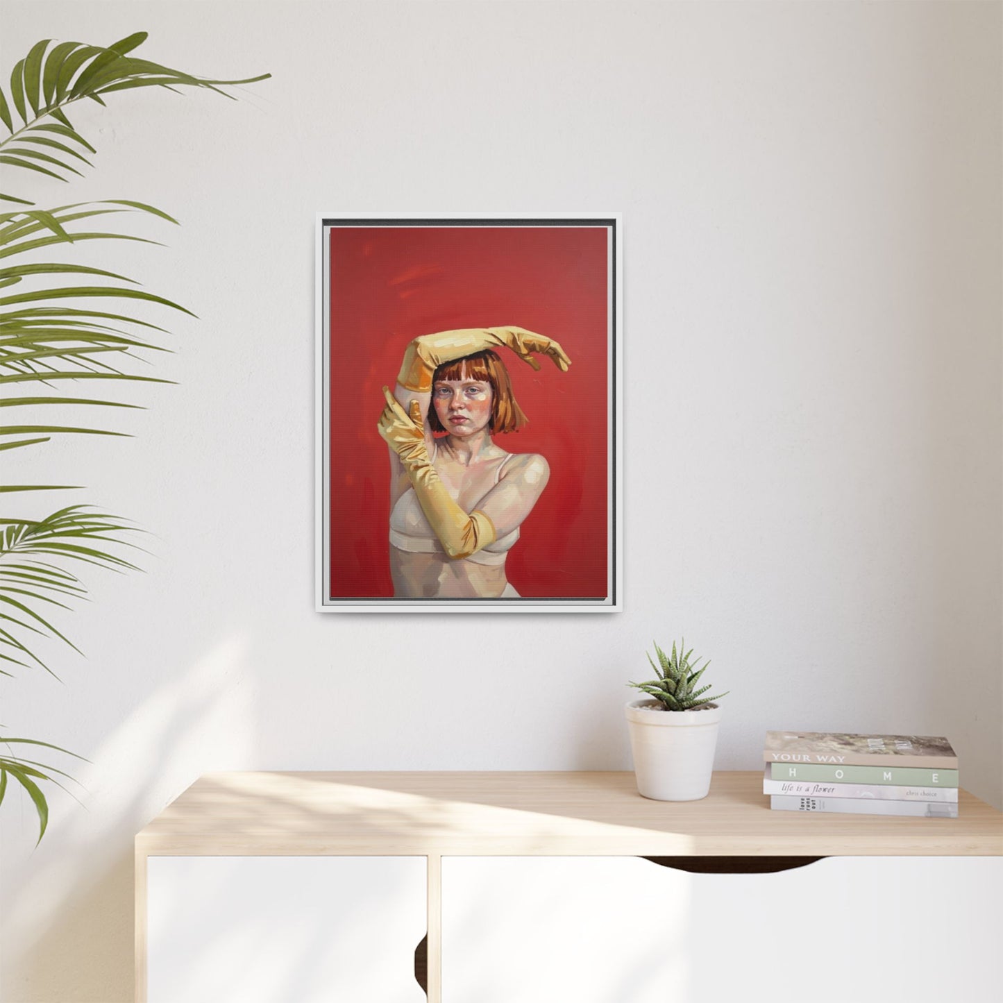 Framed Matte Canvas Art - Portrait of Woman in Yellow Gloves (Red Background)