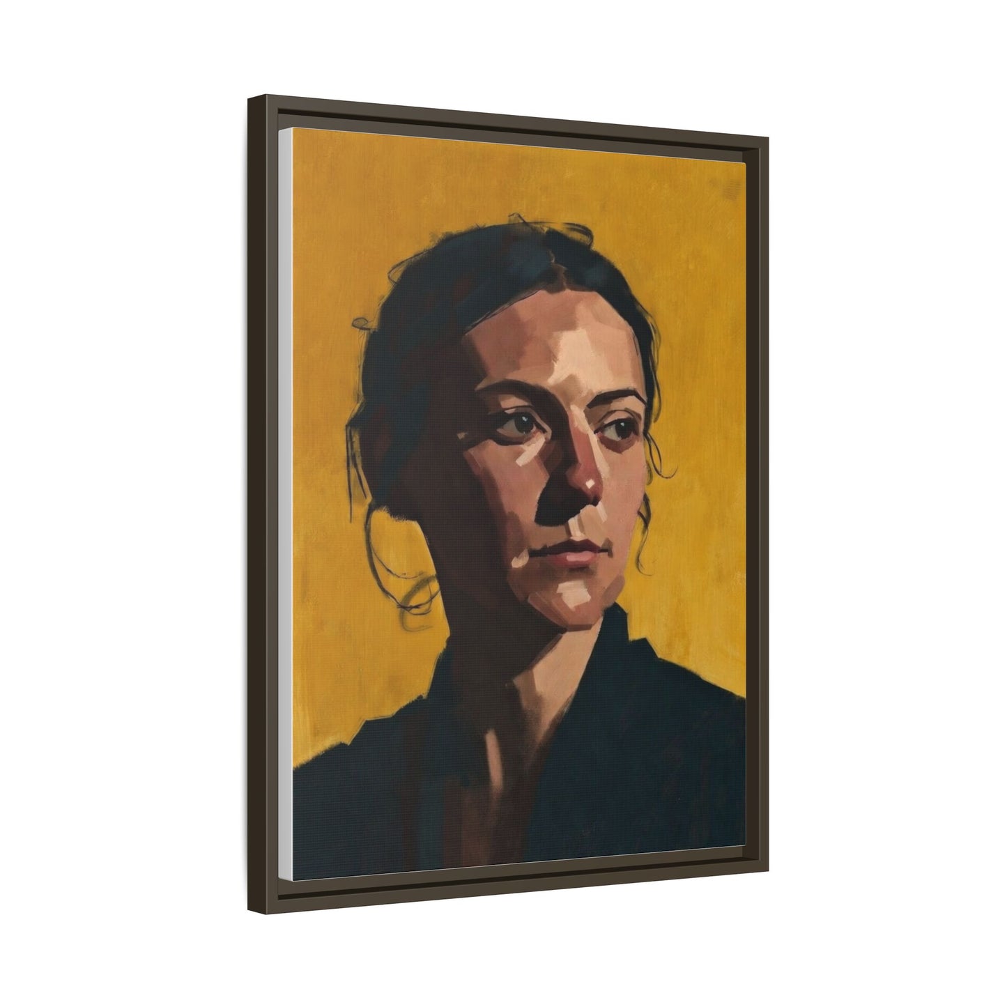 Framed Matte Canvas Portrait Art — Moody Woman on Mustard Background