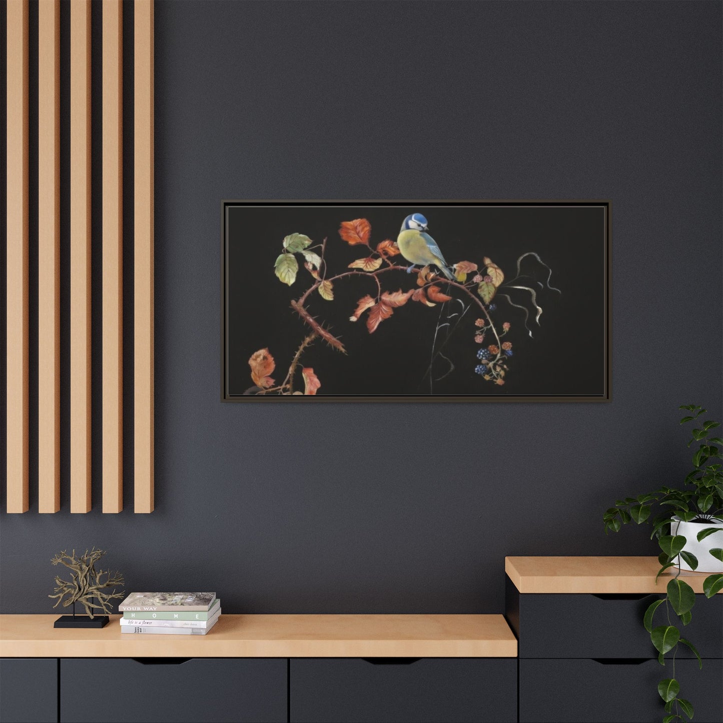 Framed Matte Canvas - Blue Tit on Autumn Branch Wall Art