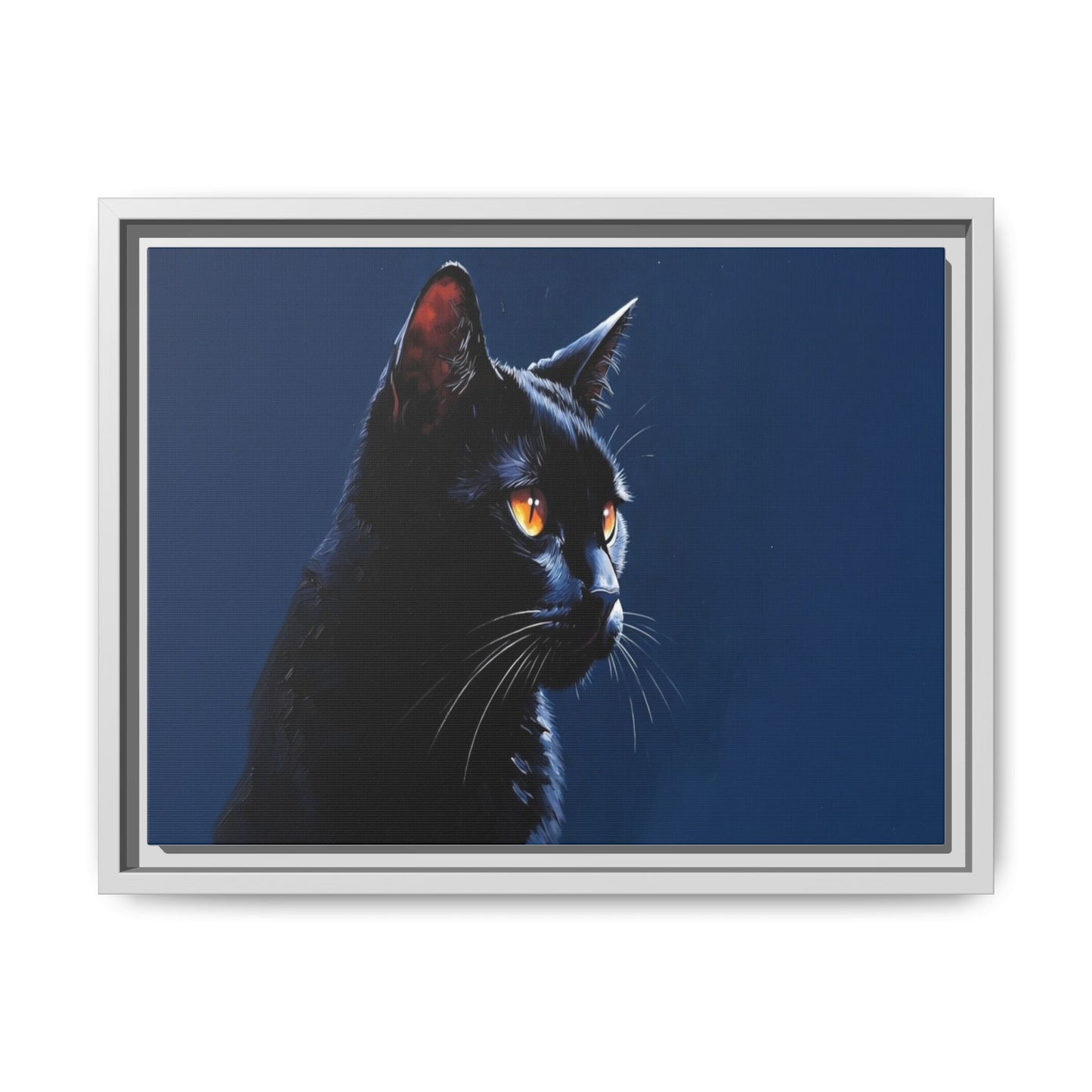 Black Cat Portrait Matte Canvas Framed Wall Art — Dramatic Feline Photo Print