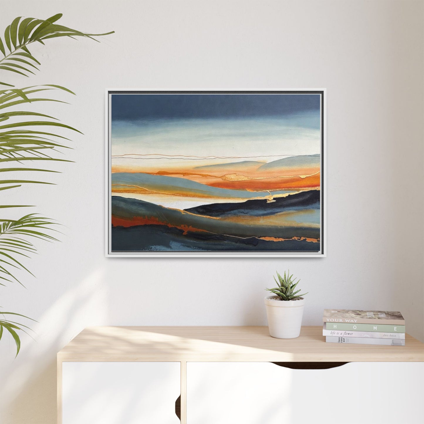 Framed Matte Canvas: Abstract Coastal Sunset Landscape Wall Art
