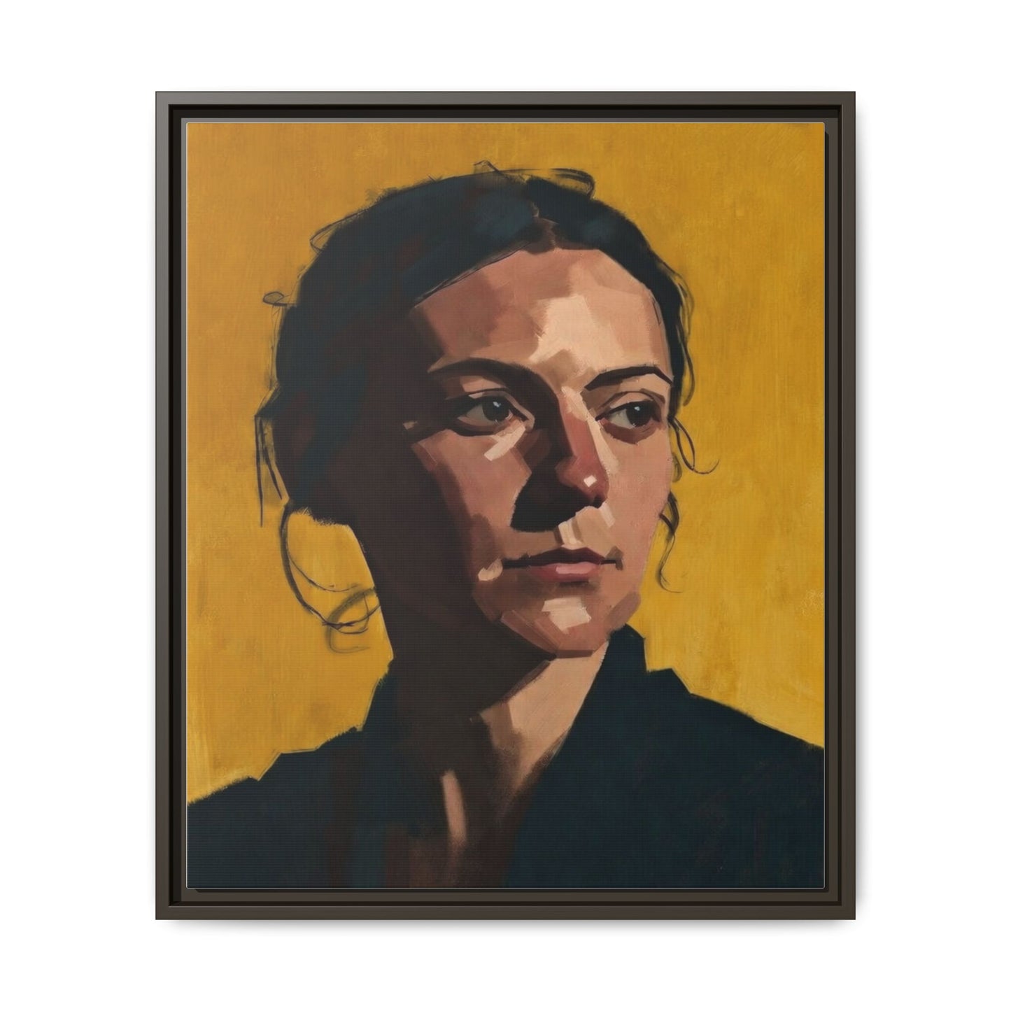 Framed Matte Canvas Portrait Art — Moody Woman on Mustard Background