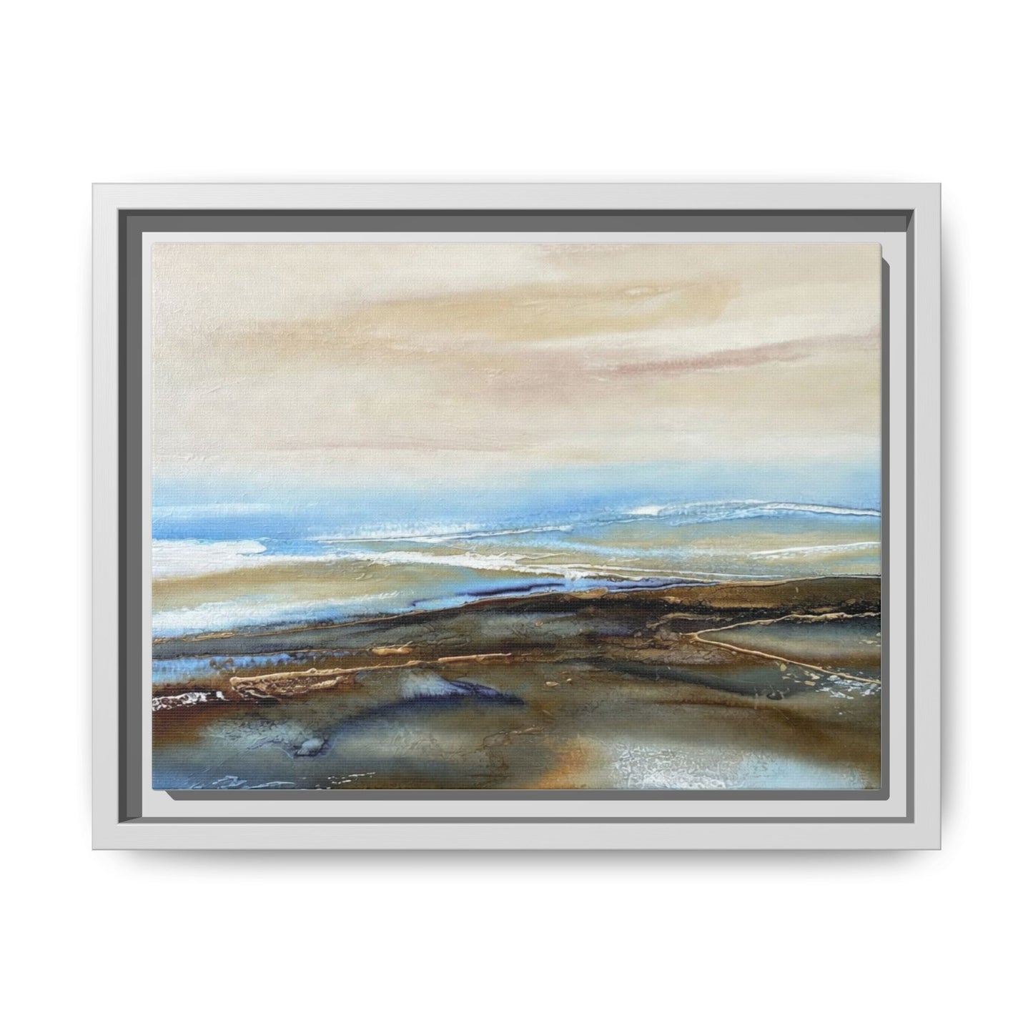 Framed Abstract Seascape Matte Canvas — Coastal Blue & Earth Tone Wall Art
