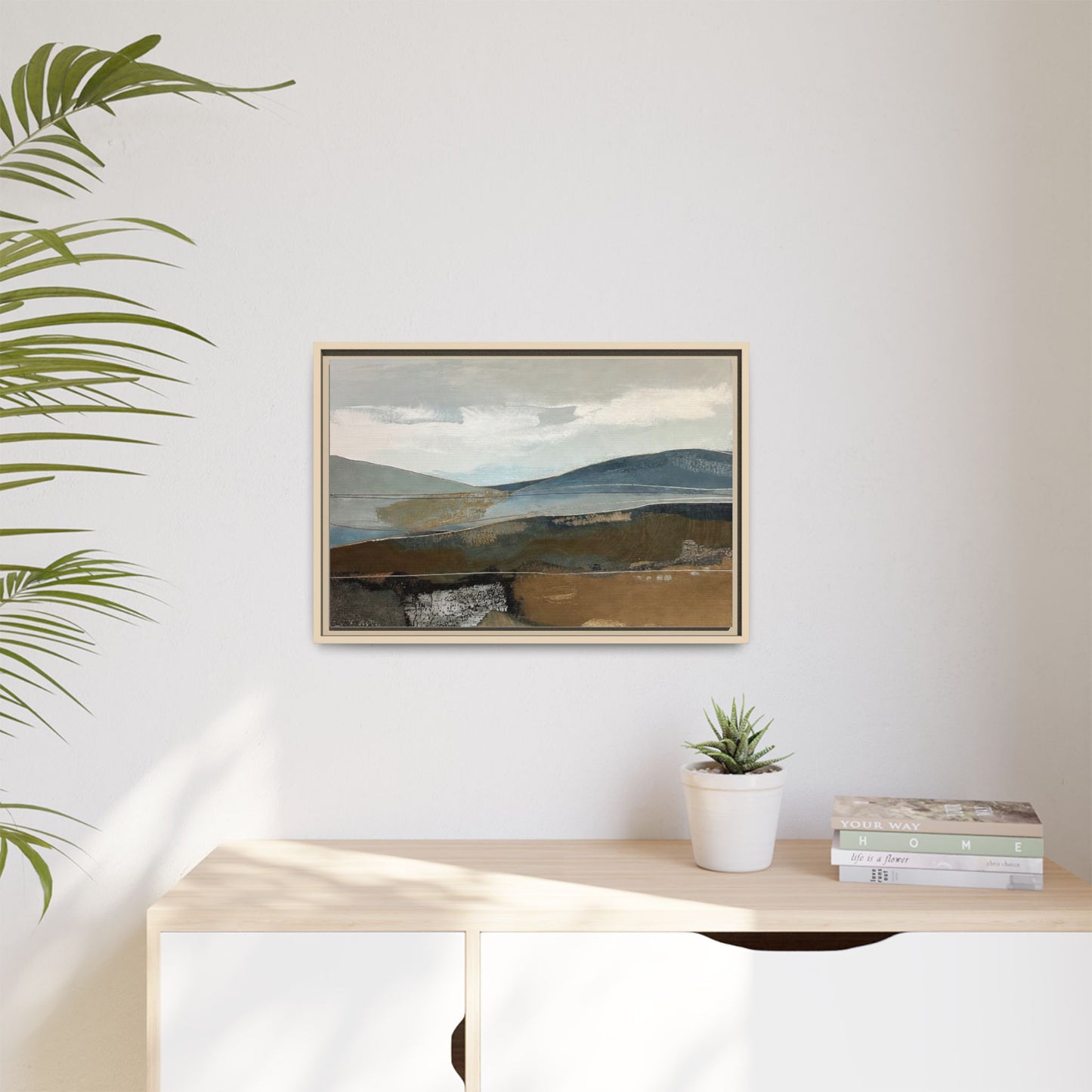Framed Matte Canvas Landscape Art - Serene Abstract Hills in Blue & Earth Tones