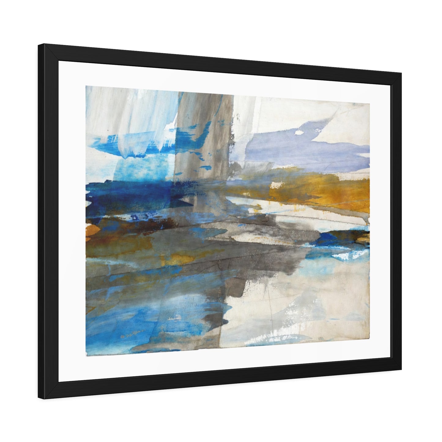 Abstract Coastal Waterscape Framed Poster — Blue & Gold Modern Wall Art