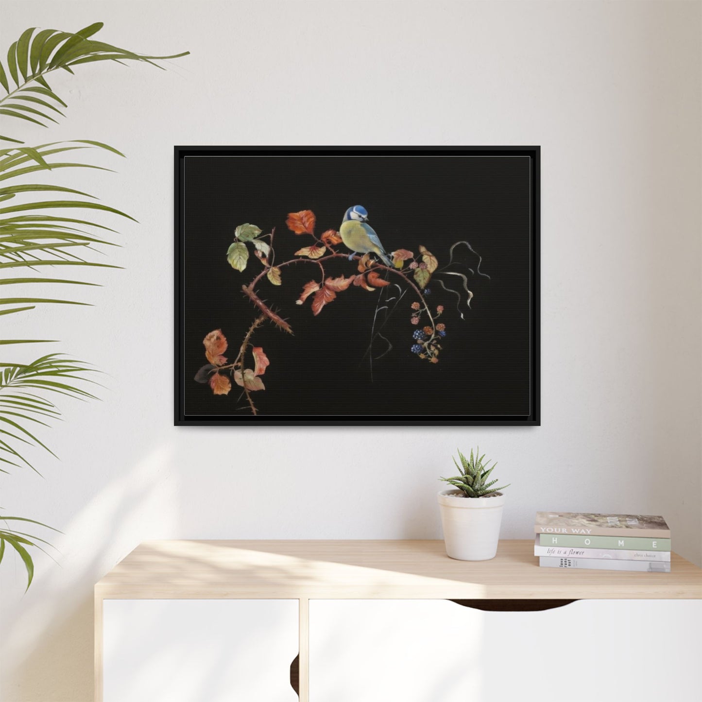 Framed Matte Canvas - Blue Tit on Autumn Branch Wall Art