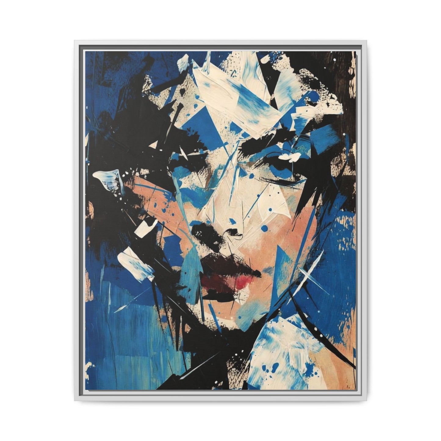 Abstract Portrait Matte Canvas Framed Wall Art — Blue Mixed-Media Face Print