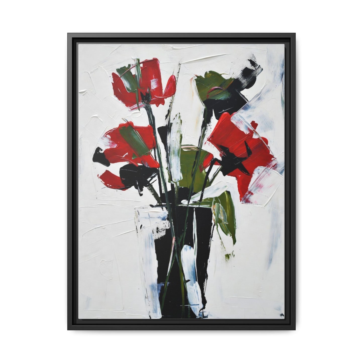 Framed Abstract Floral Canvas Print — Red Poppies in Black Vase