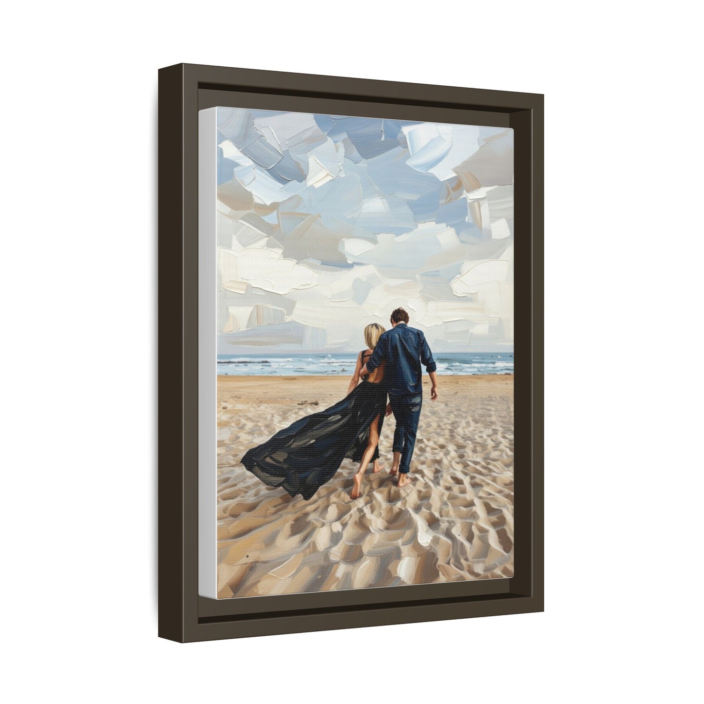 Framed Canvas Wall Art — Romantic Couple Walking on Beach Print