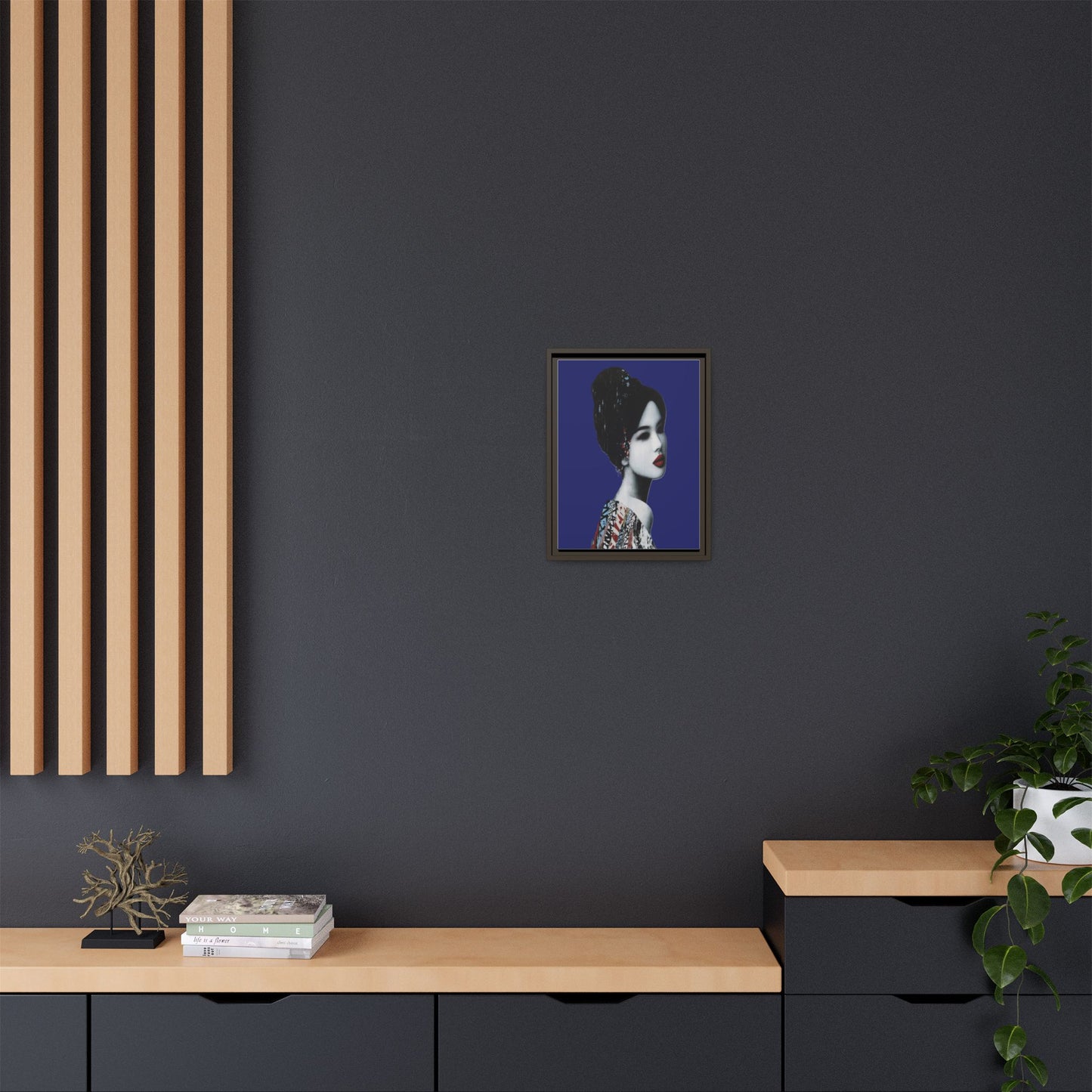 Framed Matte Canvas Art — Elegant Geisha Portrait on Deep Blue