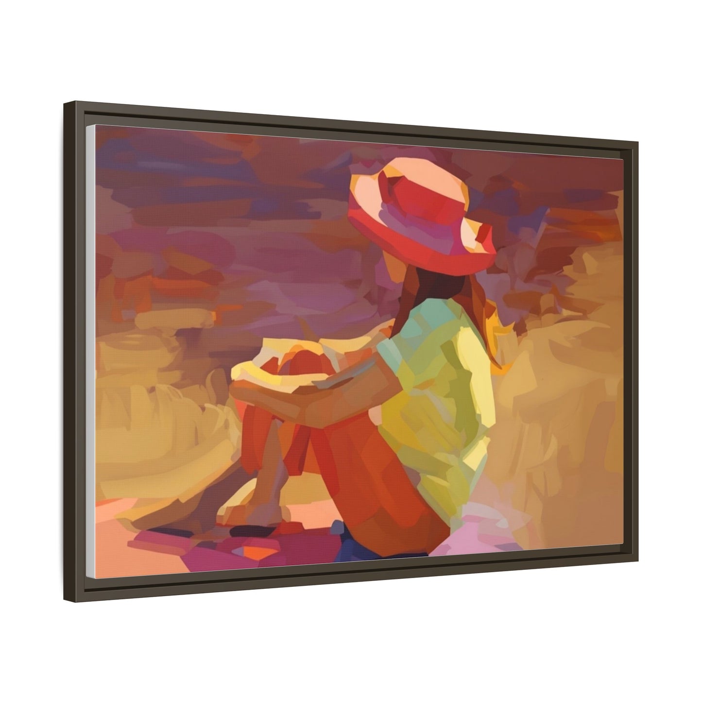 Framed Matte Canvas — Colorful Seated Girl Beach Art