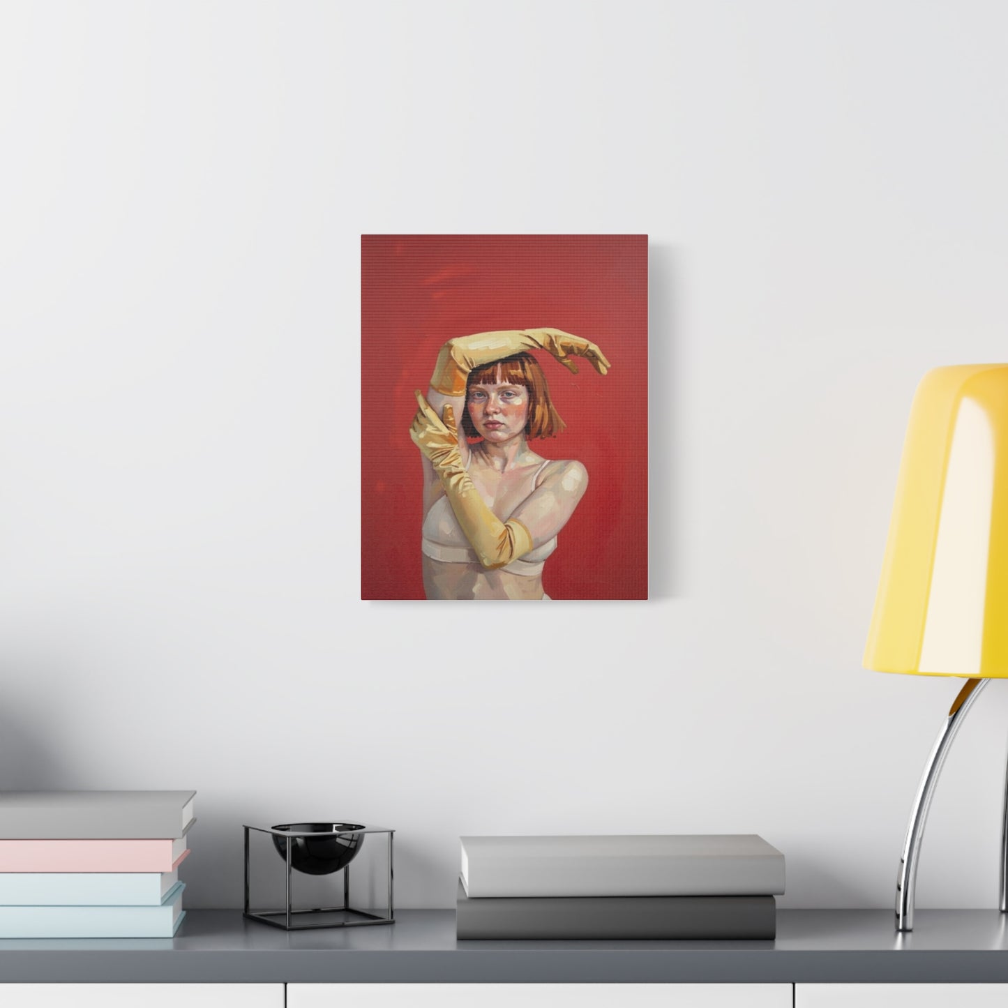 Figurative Portrait Canvas — Woman with Yellow Gloves on Red Background