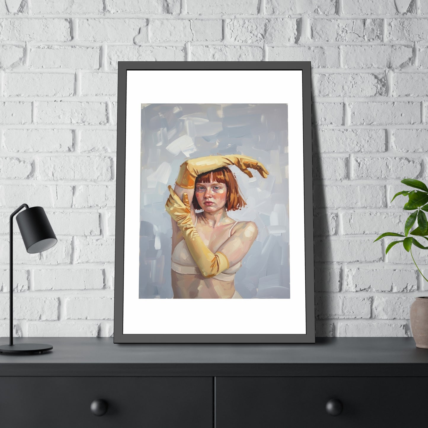 Framed Art Print — Portrait of Woman in Yellow Gloves (Modern Figurative Wall Art)