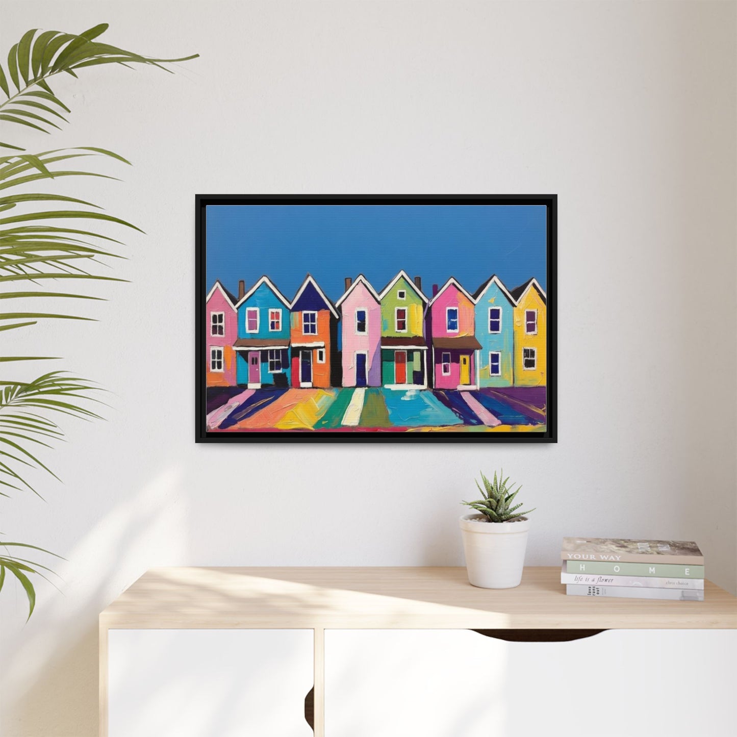 Colorful Beach Houses Matte Canvas Framed Wall Art
