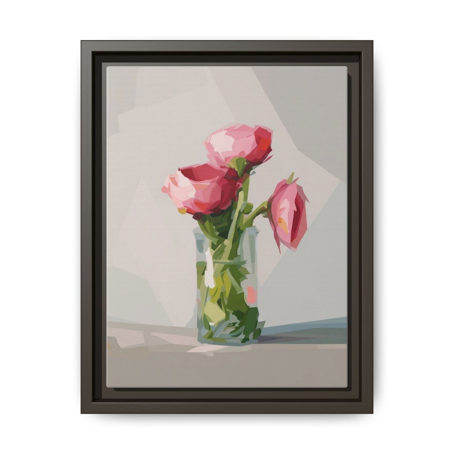 Framed Canvas Art — Pink Roses in Vase, Modern Floral Wall Print