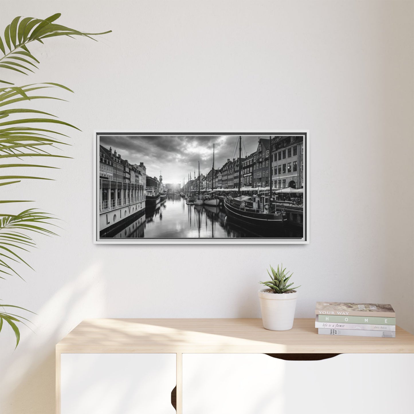 Framed Matte Canvas: Black & White Dutch Canal Photography Wall Art