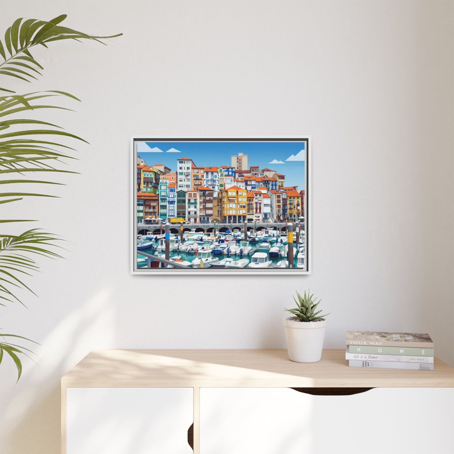 Framed Matte Canvas Print — Colorful Mediterranean Harbor Illustration