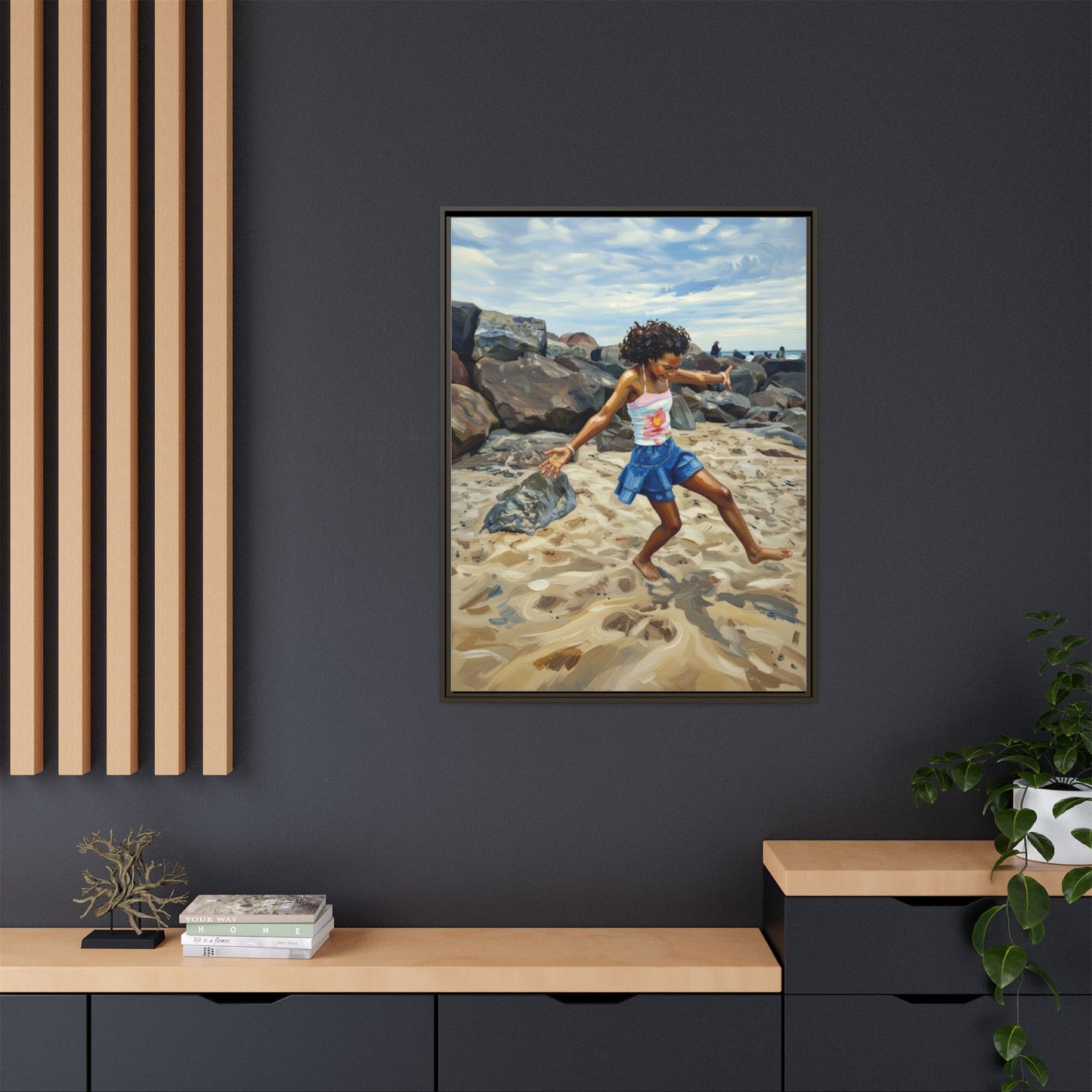 Framed Canvas Art - Girl Dancing on the Beach (Matte Multi-Color)