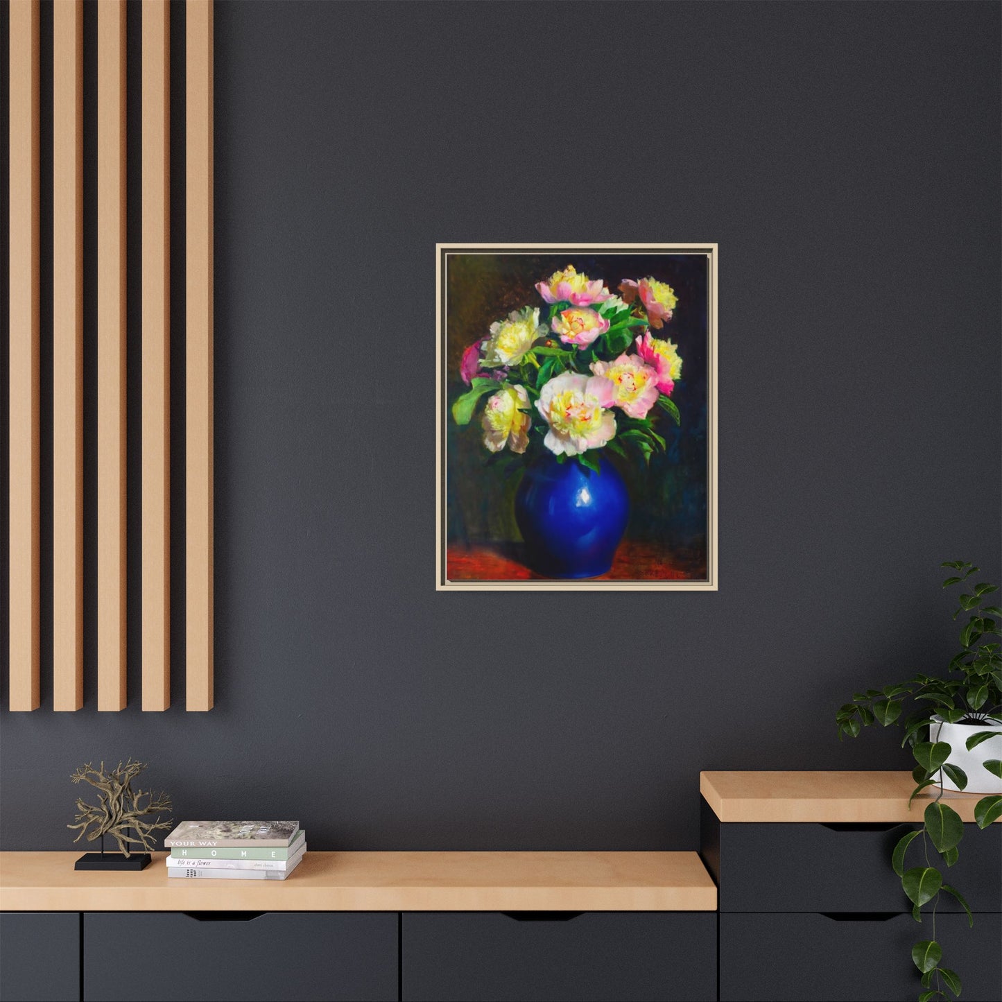 Framed Matte Canvas Wall Art — Vintage Floral Bouquet in Blue Vase