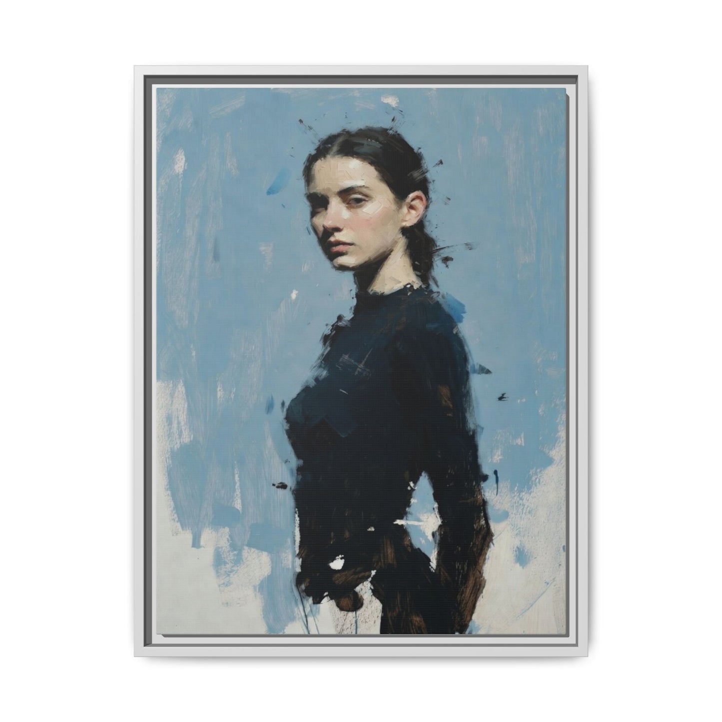 Framed Matte Canvas Portrait Print — Elegant Blue Woman Art