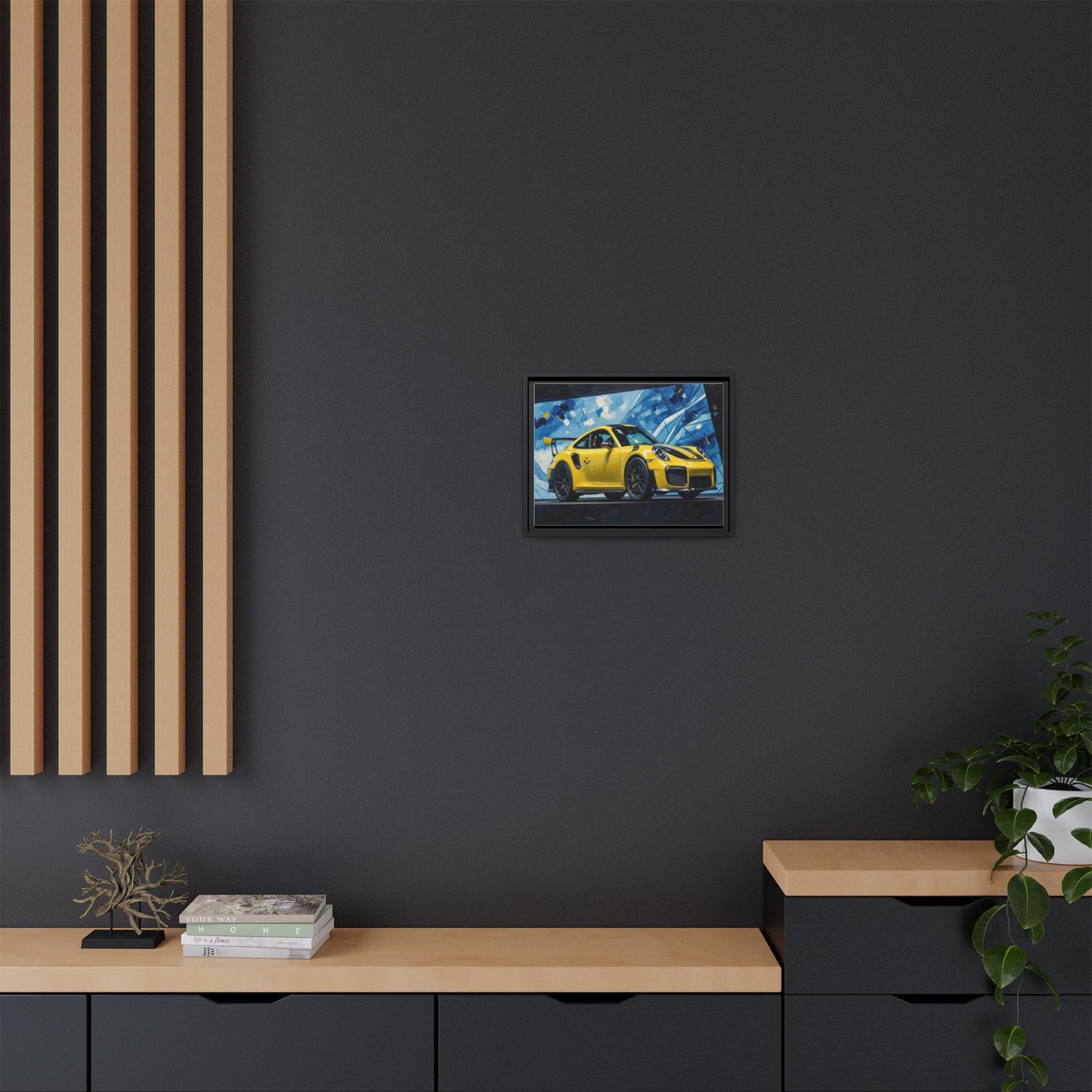 Yellow Porsche Sports Car Matte Framed Canvas – Modern Automotive Wall Art