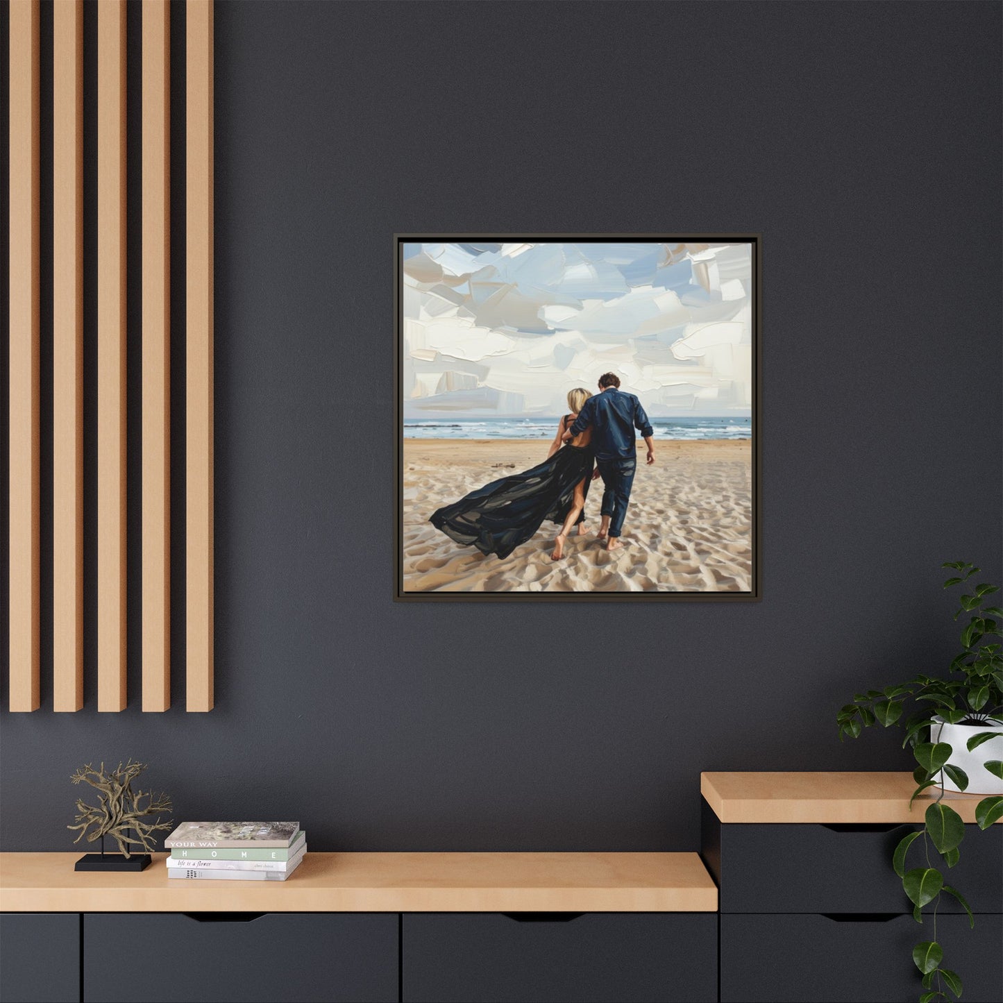 Framed Canvas Wall Art — Romantic Couple Walking on Beach Print