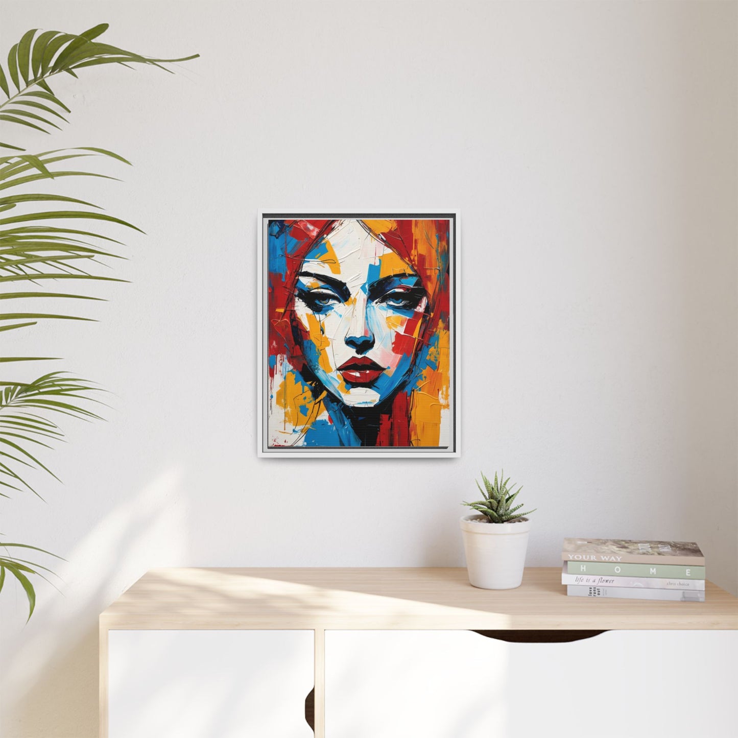 Framed Abstract Portrait Canvas — Colorful Female Face Wall Art
