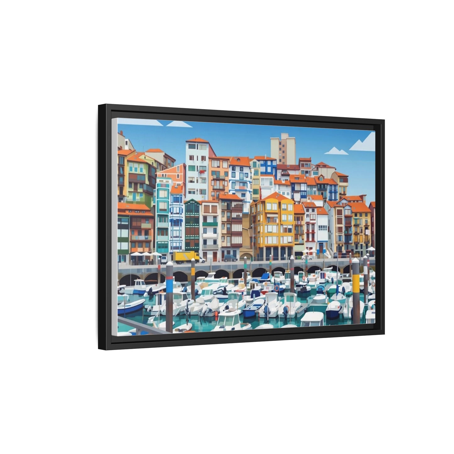 Framed Matte Canvas Print — Colorful Mediterranean Harbor Illustration