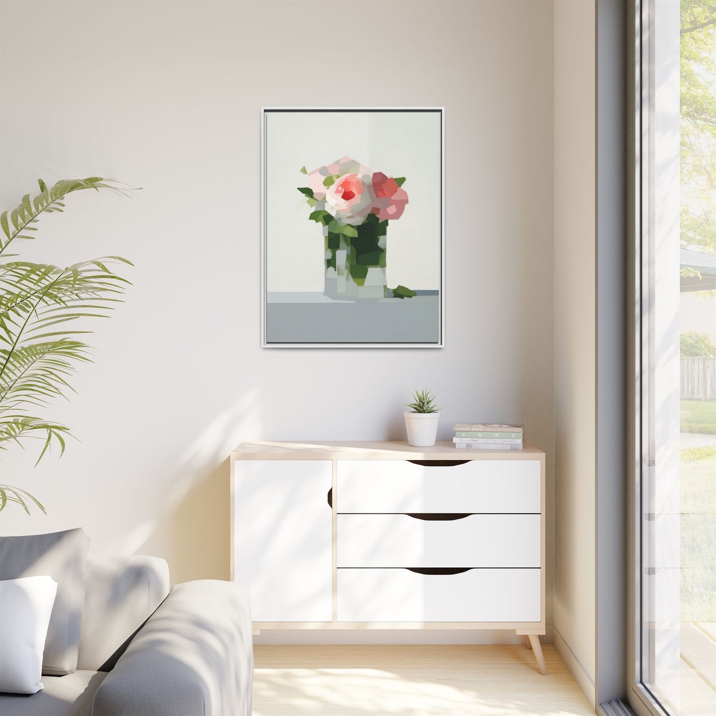 Framed Floral Canvas Print — Modern Pink Roses Still Life