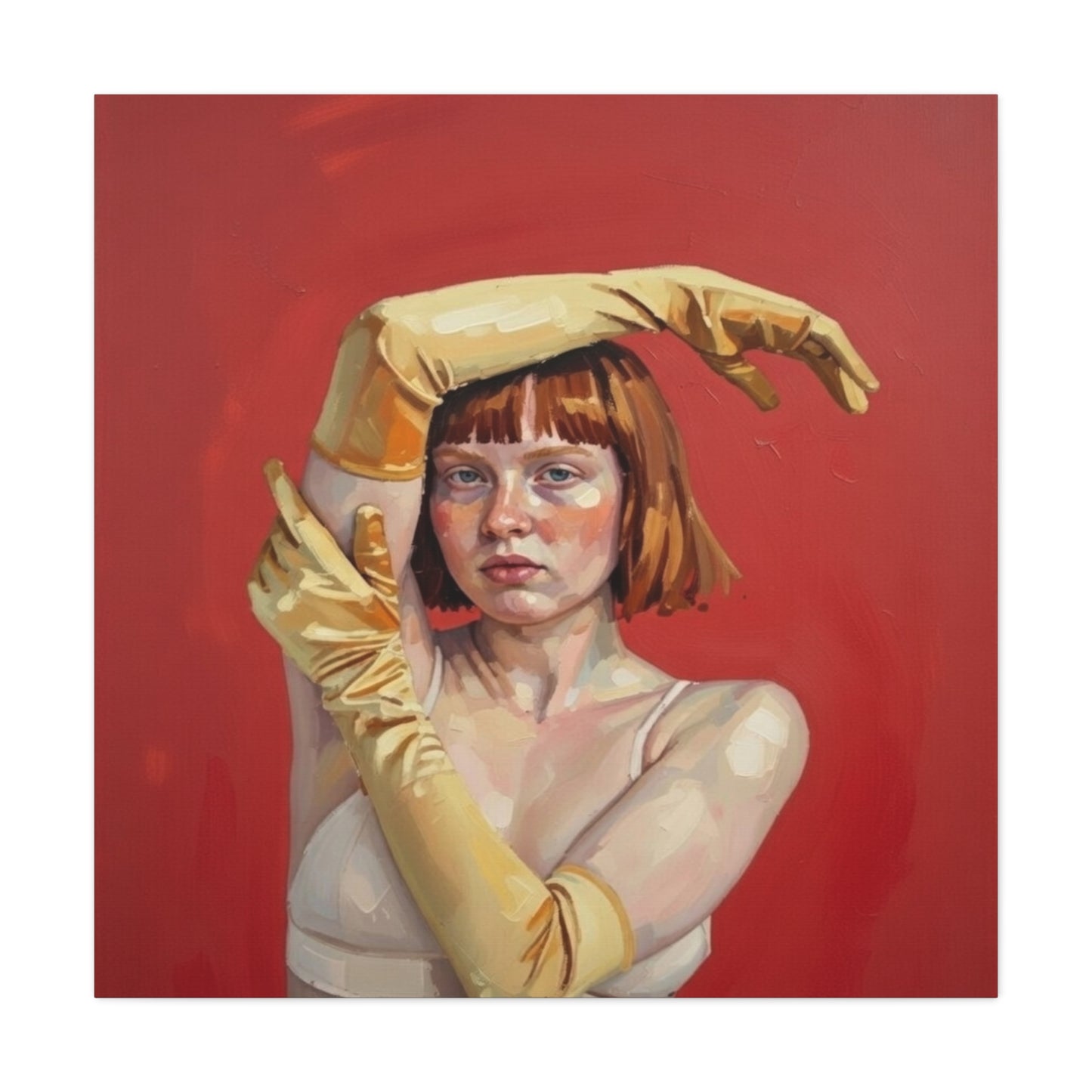 Figurative Portrait Canvas — Woman with Yellow Gloves on Red Background